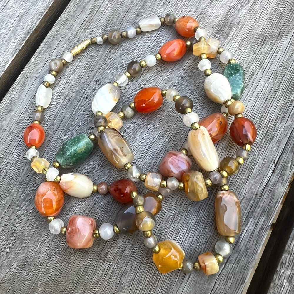 Vintage Multi-Stone Polished Agate Quartz Beaded Long Necklace Brass Spacers 15”